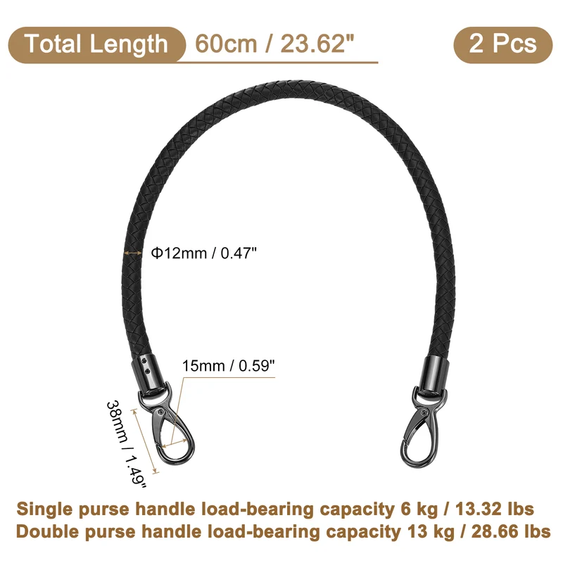 2Pcs 60cm Short Leather PU Braided Purse Replacement Handle - Black, Black