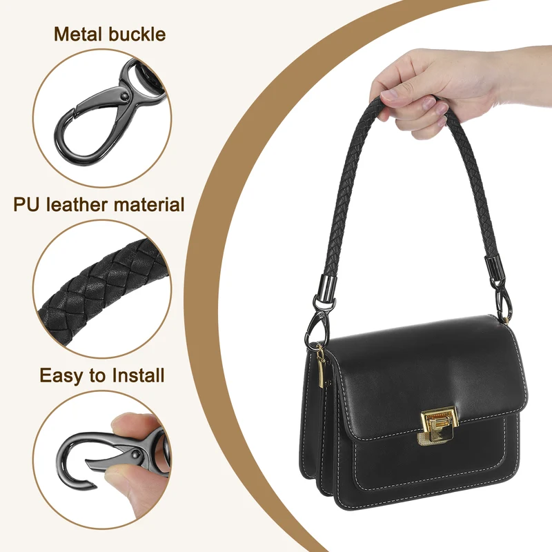 2Pcs 60cm Short Leather PU Braided Purse Replacement Handle - Black, Black