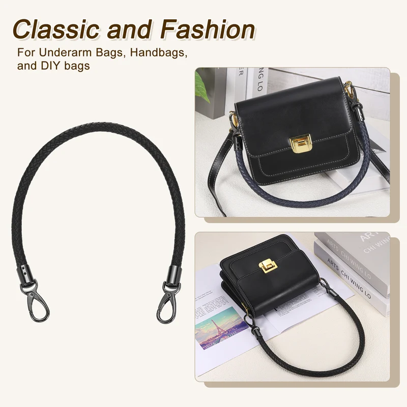 2Pcs 60cm Short Leather PU Braided Purse Replacement Handle - Black, Black