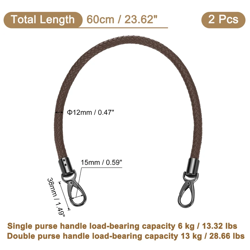 2Pcs 60cm Short Leather PU Braided Purse Replacement Handle - Dark Coffee, Black
