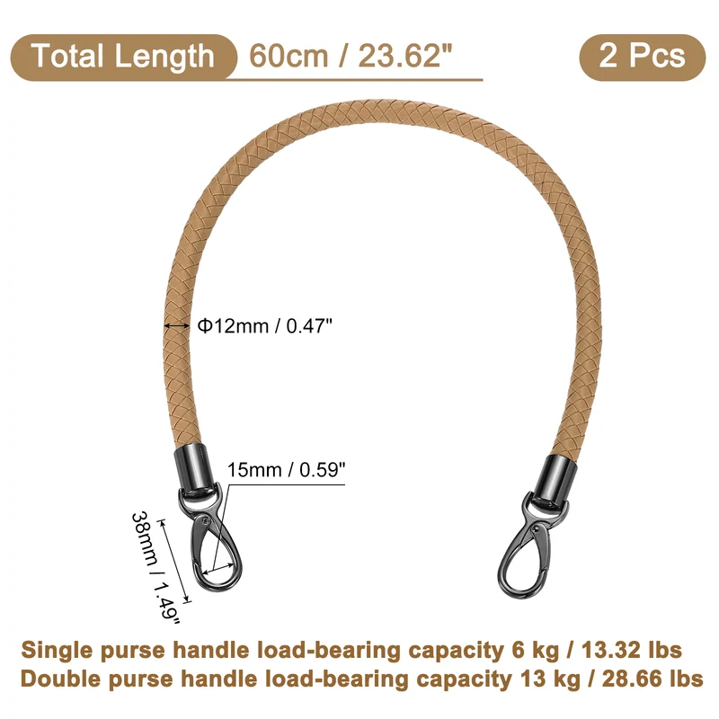 2Pcs 60cm Short Leather PU Braided Purse Replacement Handle - Dark Khaki, Black