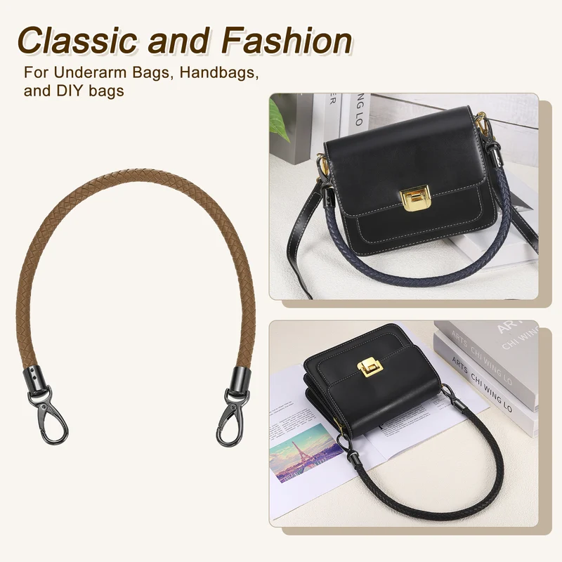 2Pcs 60cm Short Leather PU Braided Purse Replacement Handle - Coffee, Black