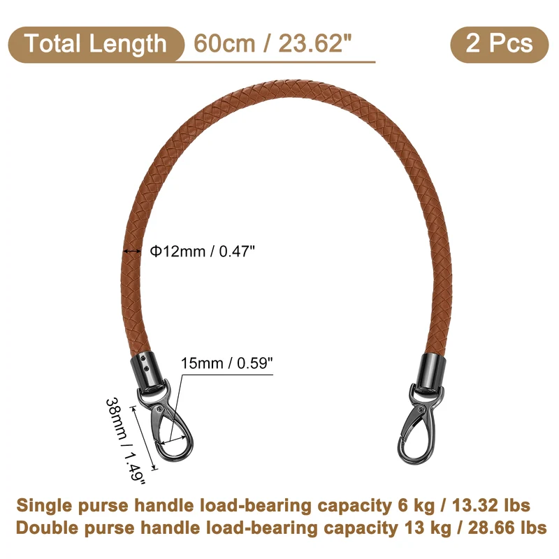 2Pcs 60cm Short Leather PU Braided Purse Replacement Handle - Brown, Black