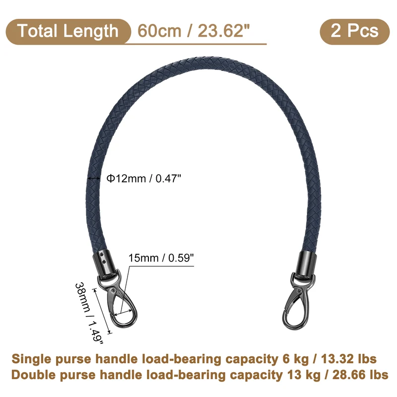 2Pcs 60cm Short Leather PU Braided Purse Replacement Handle - Dark Blue, Black