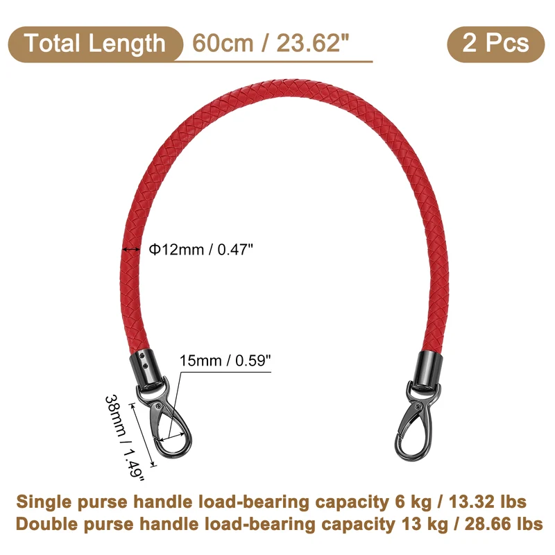 2Pcs 60cm Short Leather PU Braided Purse Replacement Handle - Red, Black