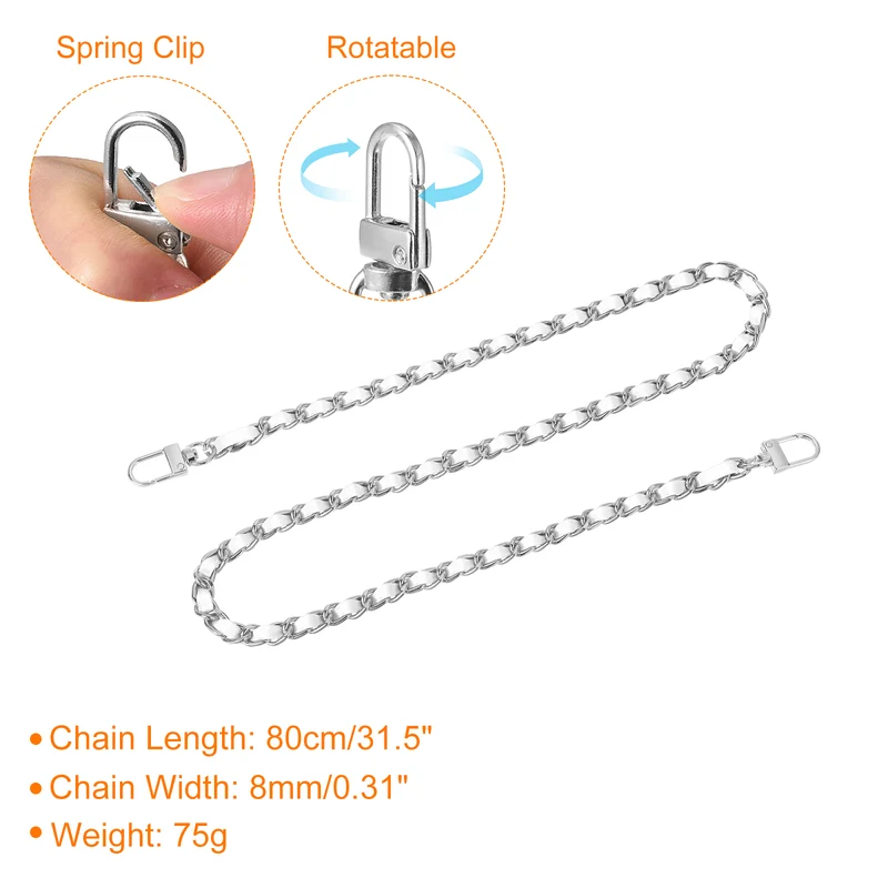 32" Purse Chain Strap with Buckles for Shoulder (White + Silver)