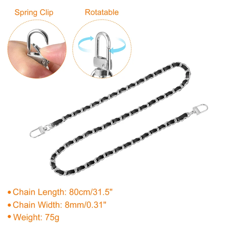 32" Purse Chain Strap with Buckles for Shoulder (Black + Silver)