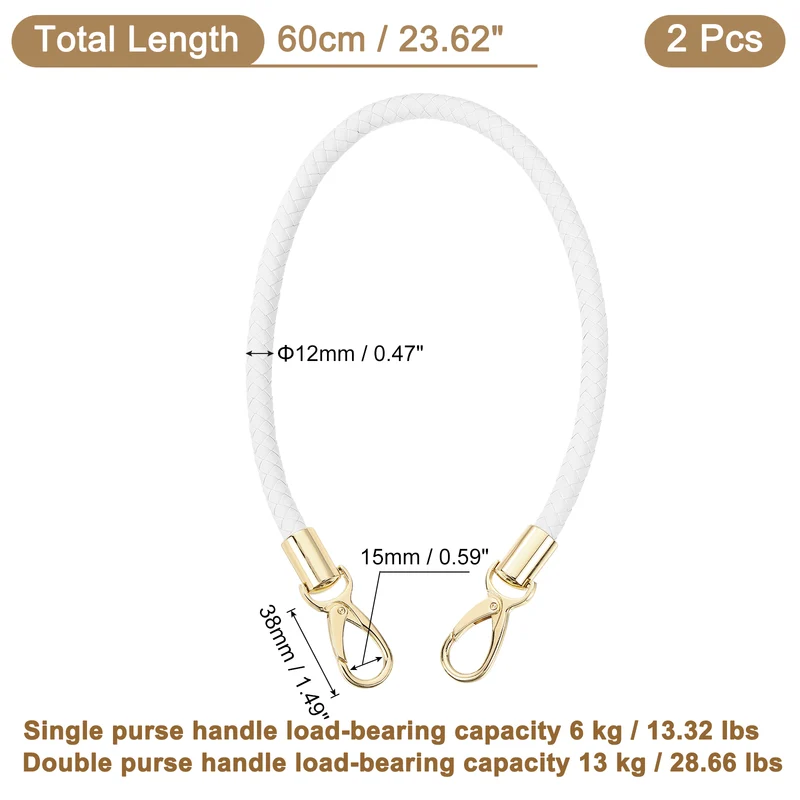 2Pcs 60cm Short Leather PU Braided Purse Replacement (White, Gold)