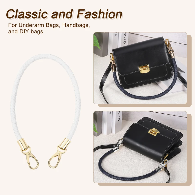 2Pcs 60cm Short Leather PU Braided Purse Replacement (White, Gold)