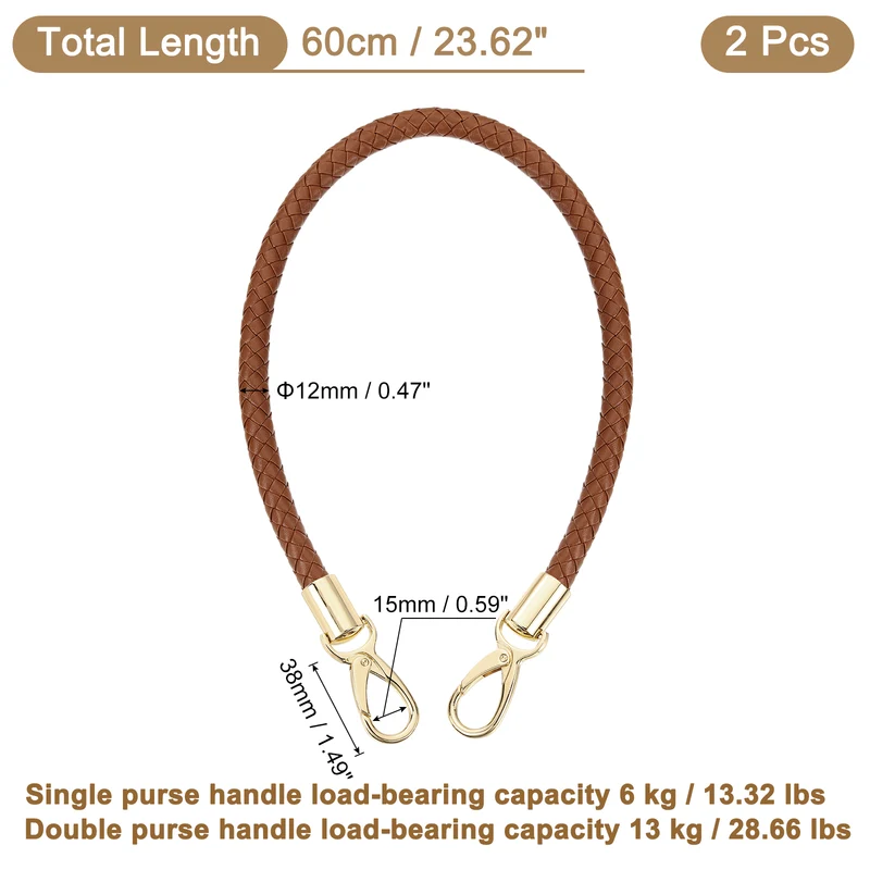 2Pcs 60cm Short Leather PU Braided Purse Replacement Brown Gold