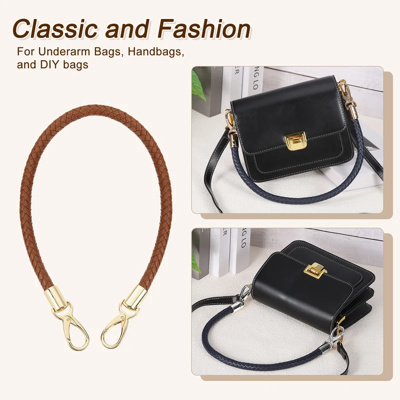 2Pcs 60cm Short Leather PU Braided Purse Replacement Brown Gold