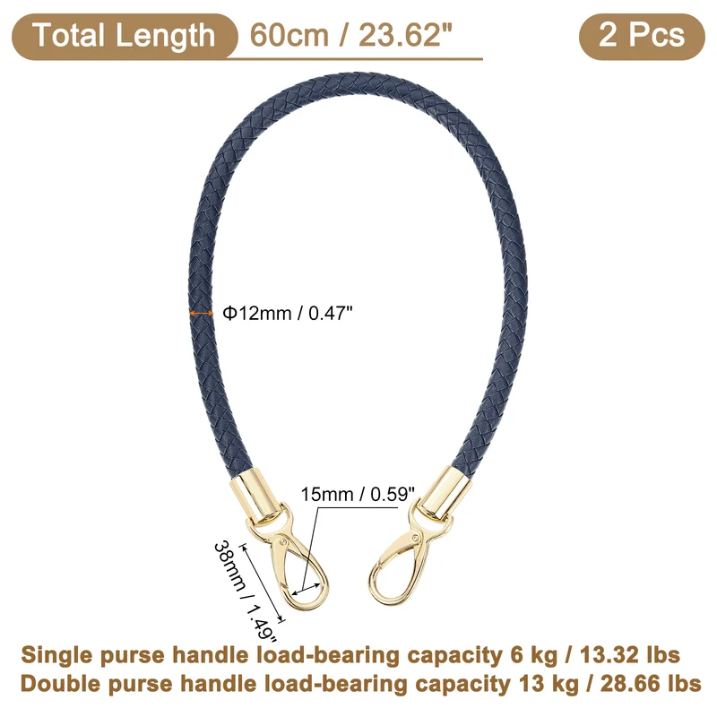 2Pcs 60cm Short Leather PU Braided Purse Replacement Dark Blue Gold