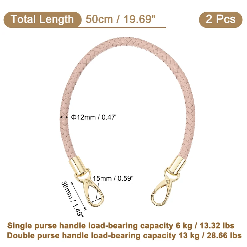 2Pcs 50cm Short Leather PU Braided Purse Replacement (Light Pink, Gold)