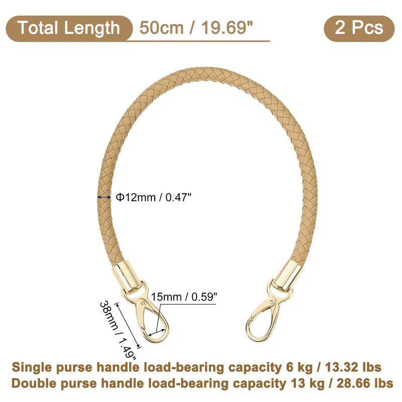 2Pcs 50cm Short Leather PU Braided Purse Replacement Apricot Gold