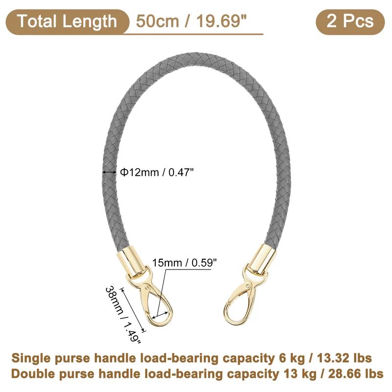 2Pcs 50cm Short Leather PU Braided Purse Replacement (Dark Gray, Gold)