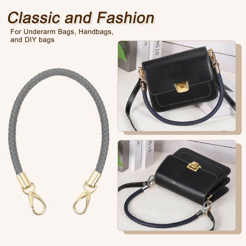 2Pcs 50cm Short Leather PU Braided Purse Replacement (Dark Gray, Gold)
