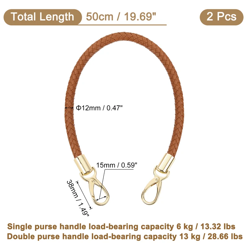 2Pcs 50cm Short Leather PU Braided Purse Replacement (Light Brown, Gold)