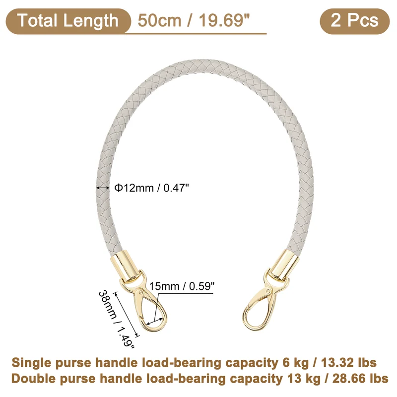 2Pcs 50cm Short Leather PU Braided Purse Replacement (Light Gray, Gold)