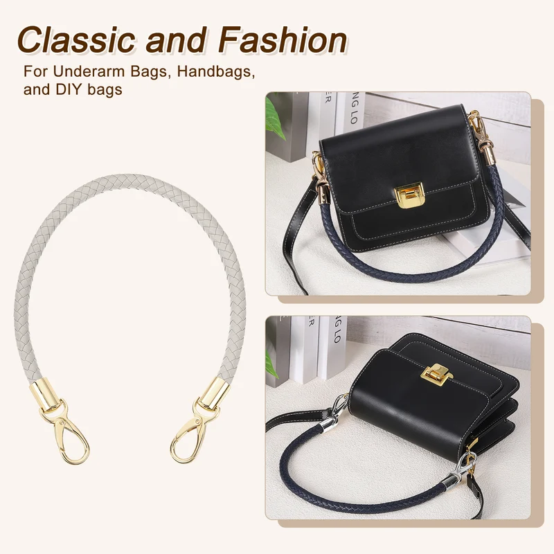 2Pcs 50cm Short Leather PU Braided Purse Replacement (Light Gray, Gold)