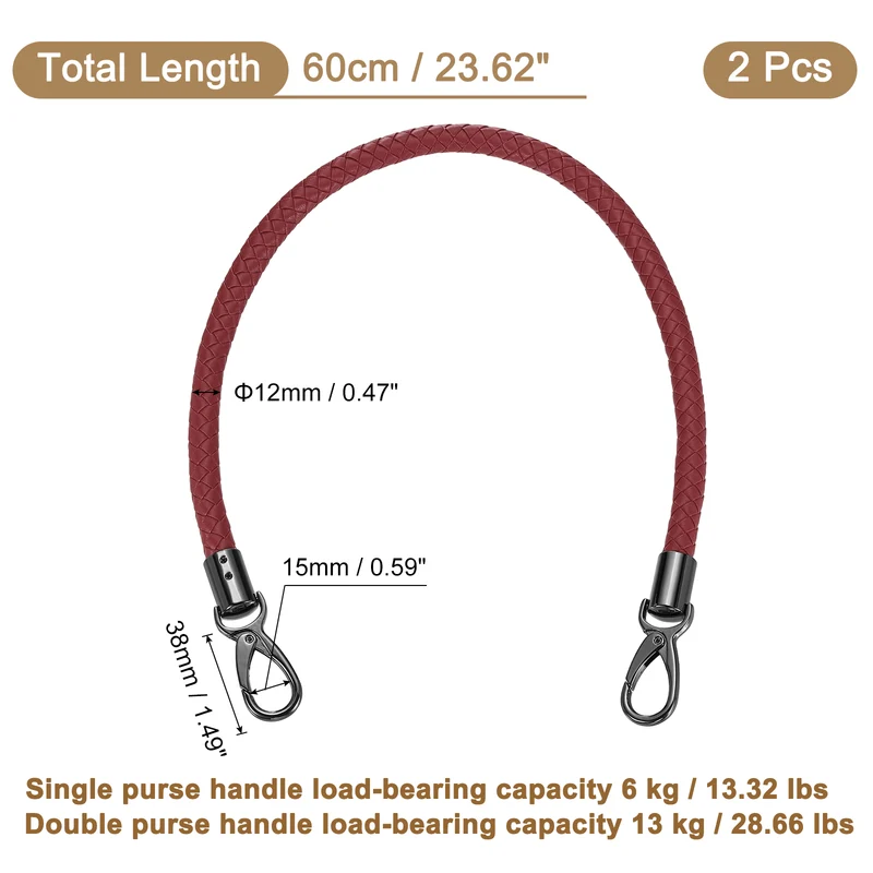 2Pcs 60cm Short Leather PU Braided Purse Replacement Handle - Dark Red Black