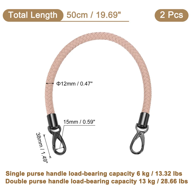 2Pcs 50cm Short Leather PU Braided Purse Replacement Handle - Light Pink, Black