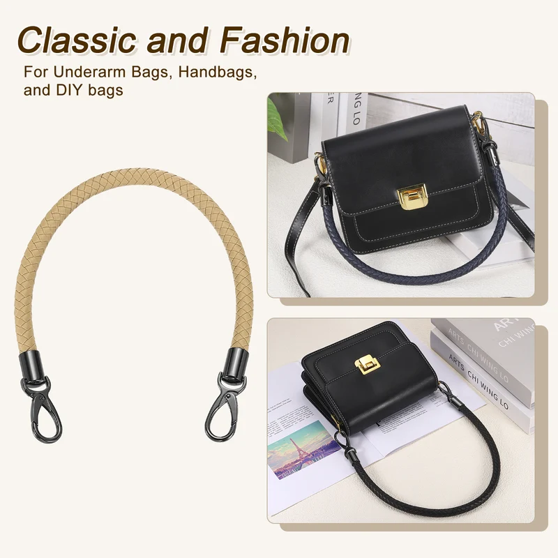 2Pcs 50cm Short Leather PU Braided Purse Replacement Handle - Apricot, Black