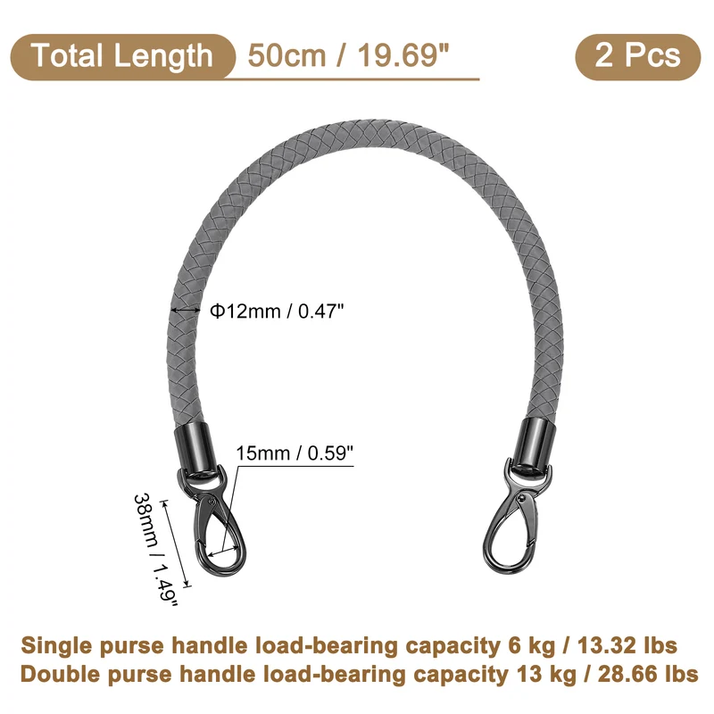 2Pcs 50cm Short Leather PU Braided Purse Replacement Handle - Dark Gray, Black