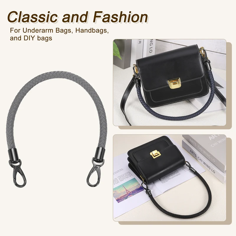 2Pcs 50cm Short Leather PU Braided Purse Replacement Handle - Dark Gray, Black
