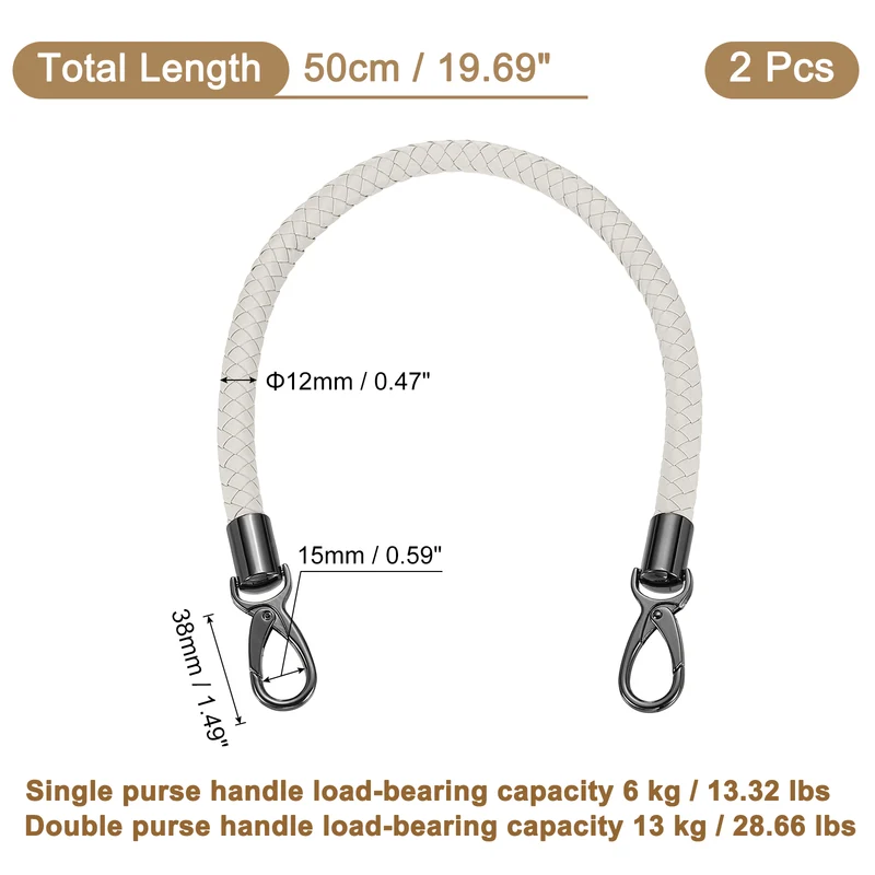 2Pcs 50cm Short Leather PU Braided Purse Replacement Handle - Light Gray, Black