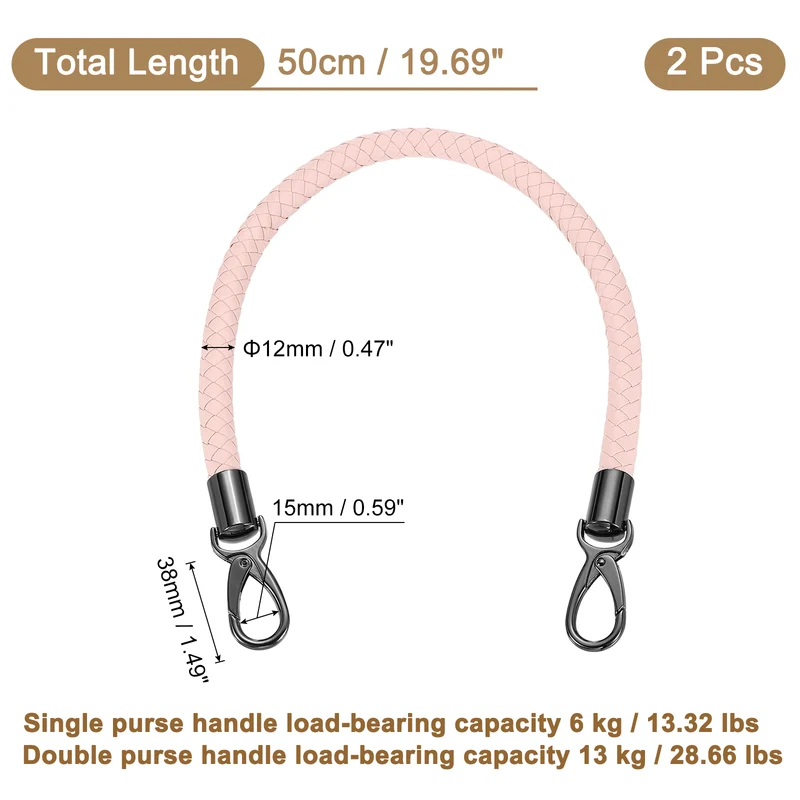 2Pcs 50cm Short Leather PU Braided Purse Replacement Handle - Pink, Black