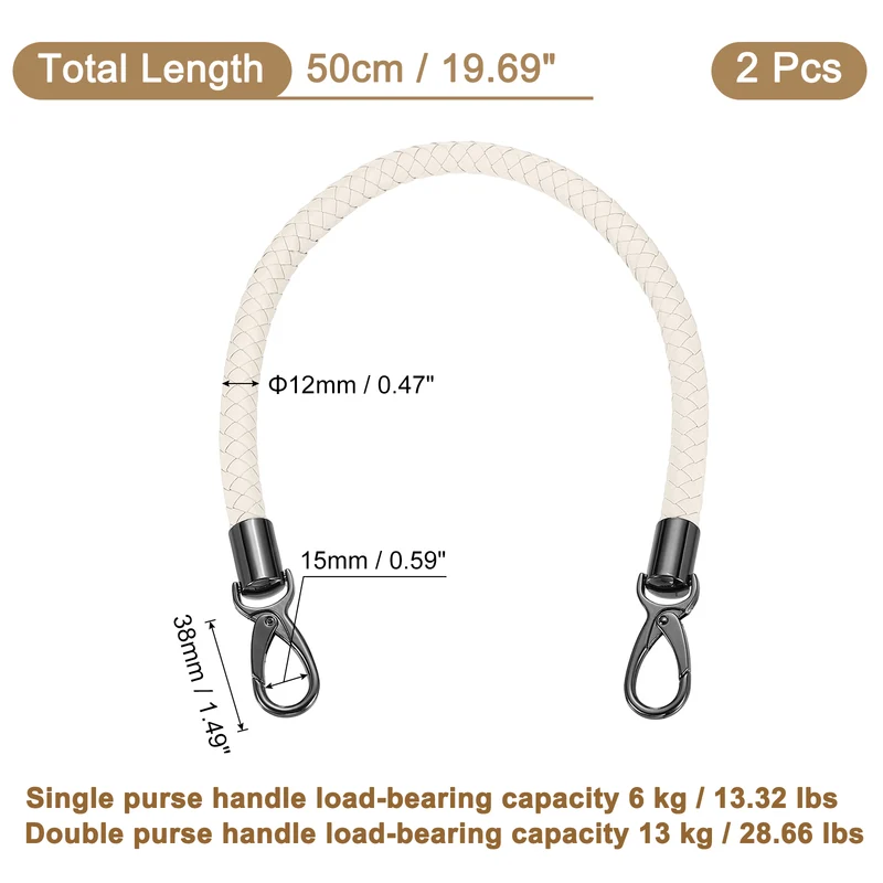 2Pcs 50cm Short Leather PU Braided Purse Replacement Handle - Beige White, Black