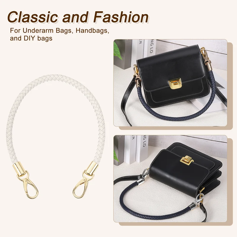 2Pcs 50cm Short Leather PU Braided Purse Replacement Beige White Gold