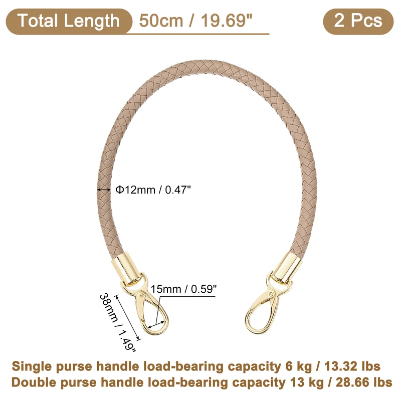 2Pcs 50cm Short Leather PU Braided Purse Replacement (Grey Brown, Gold)