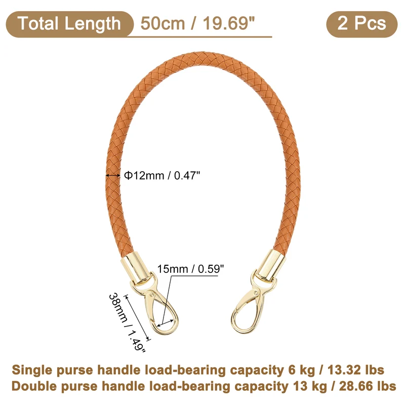 2Pcs 50cm Short Leather PU Braided Purse Replacement (Yellow Brown, Gold)