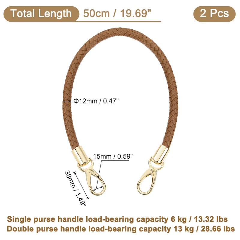 2Pcs 50cm Short Leather PU Braided Purse Replacement (Coffee, Gold)