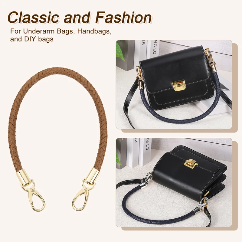 2Pcs 50cm Short Leather PU Braided Purse Replacement (Coffee, Gold)