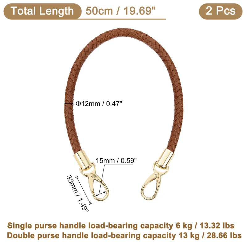2Pcs 50cm Short Leather PU Braided Purse Replacement Brown Gold