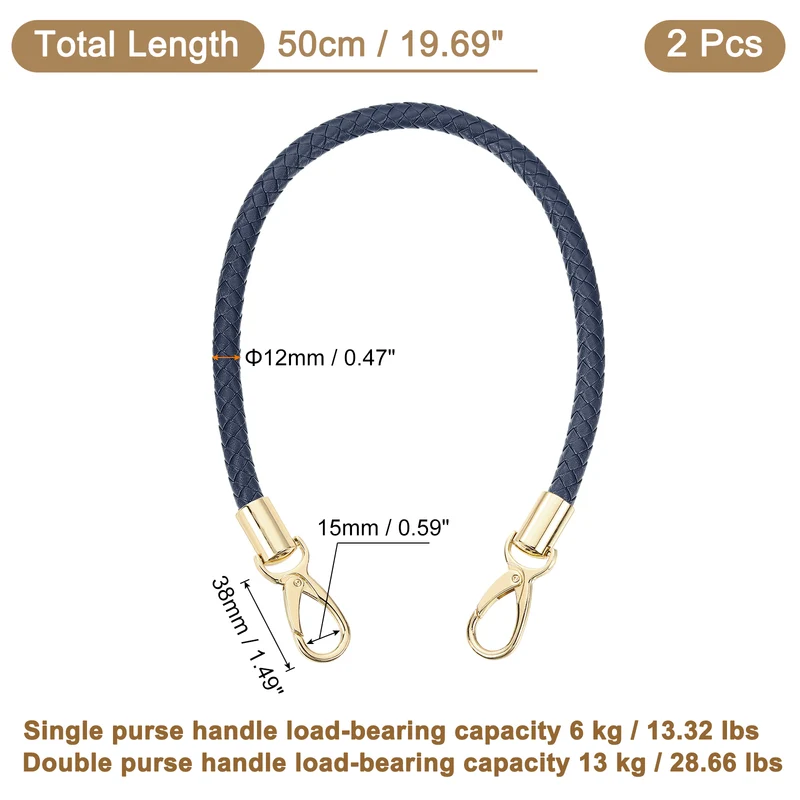 2Pcs 50cm Short Leather PU Braided Purse Replacement (Dark Blue, Gold)