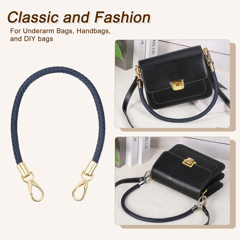 2Pcs 50cm Short Leather PU Braided Purse Replacement (Dark Blue, Gold)