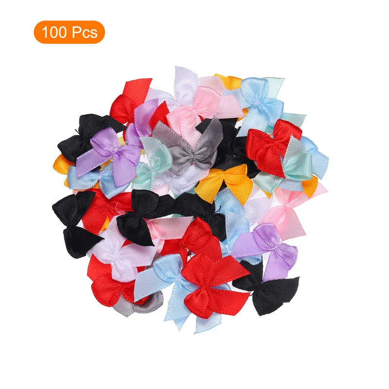 100Pcs Mini Ribbon Bows 1" Mini Fabric Satin Ribbon Flower Bows Multicolor