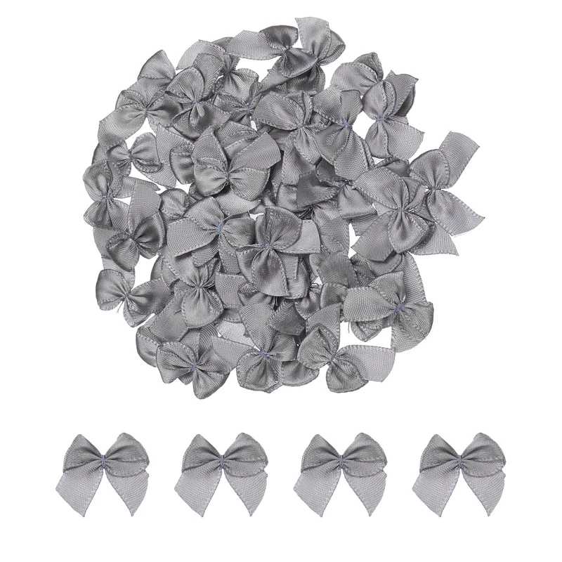 100Pcs Mini Ribbon Bow 1" Mini Fabric Satin Ribbon Flower Bows Grey