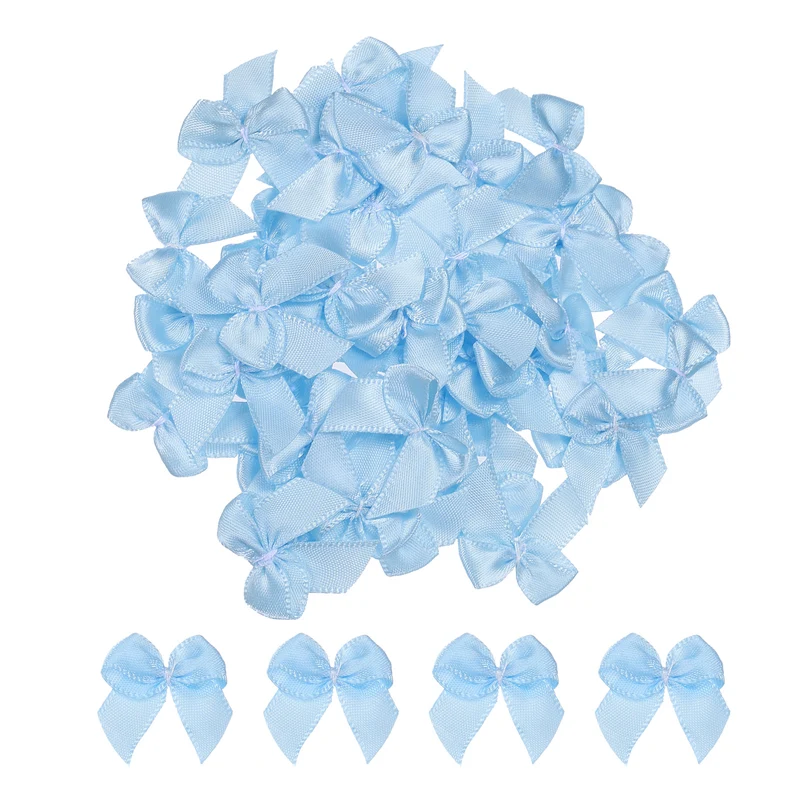 100Pcs Mini Ribbon Bows 1" Mini Fabric Satin Ribbon Flower Bows Blue