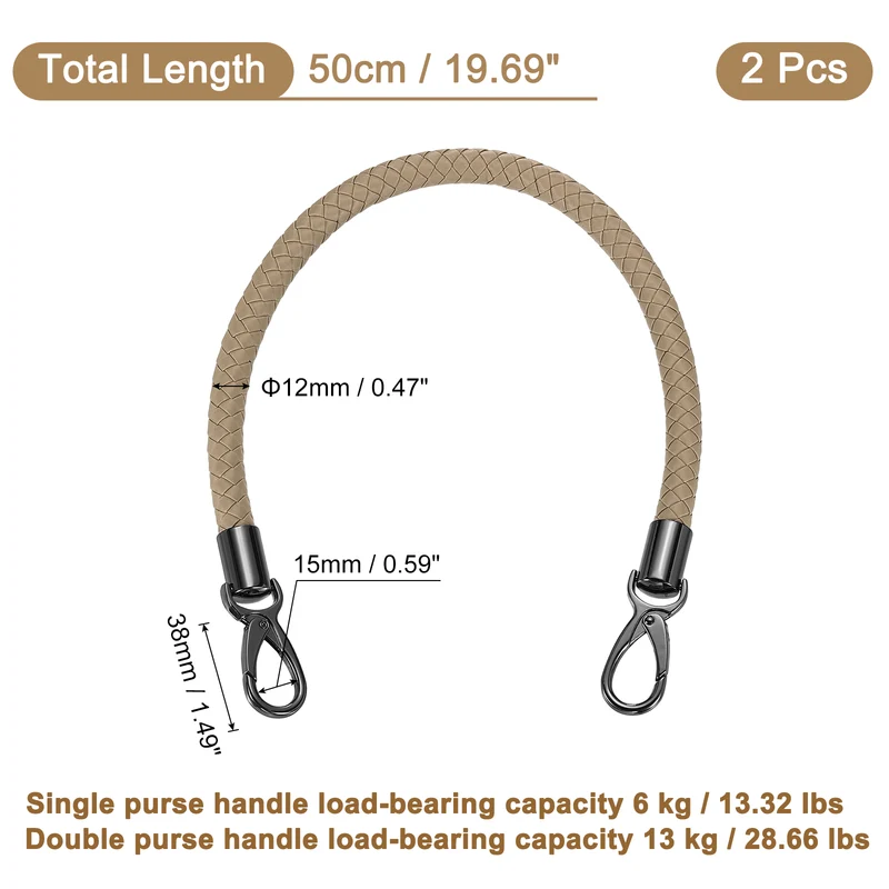 2Pcs 50cm Short Leather PU Braided Purse Replacement Handle - Grey Brown, Black