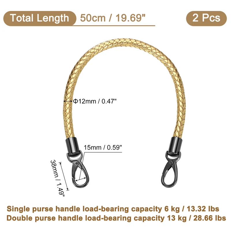 2Pcs 50cm Short Leather PU Braided Purse Replacement Handle - Gold, Black