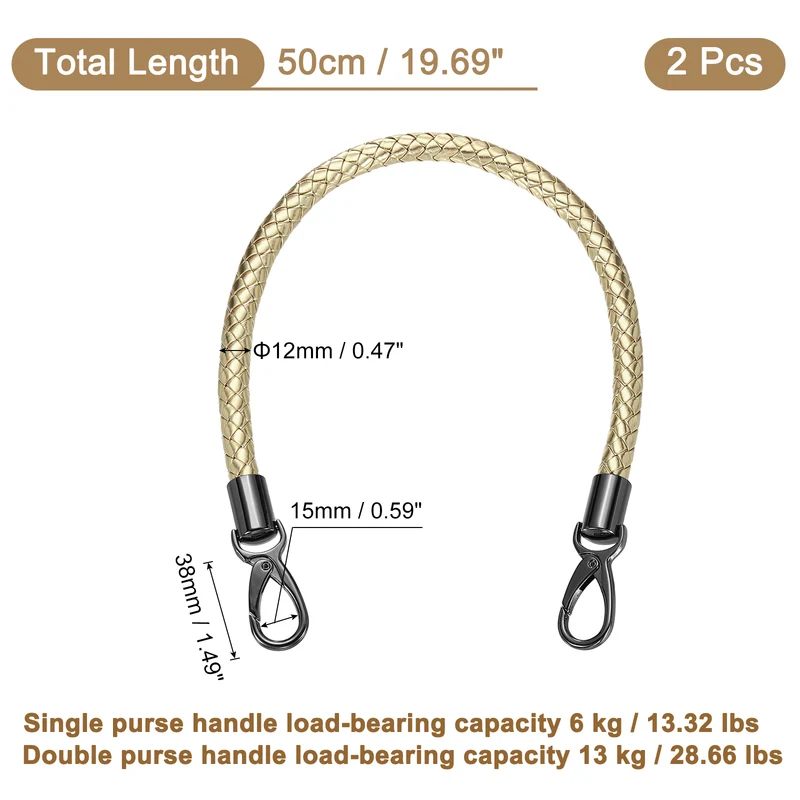 2Pcs 50cm Short Leather PU Braided Purse Replacement Handle - Light Gold, Black