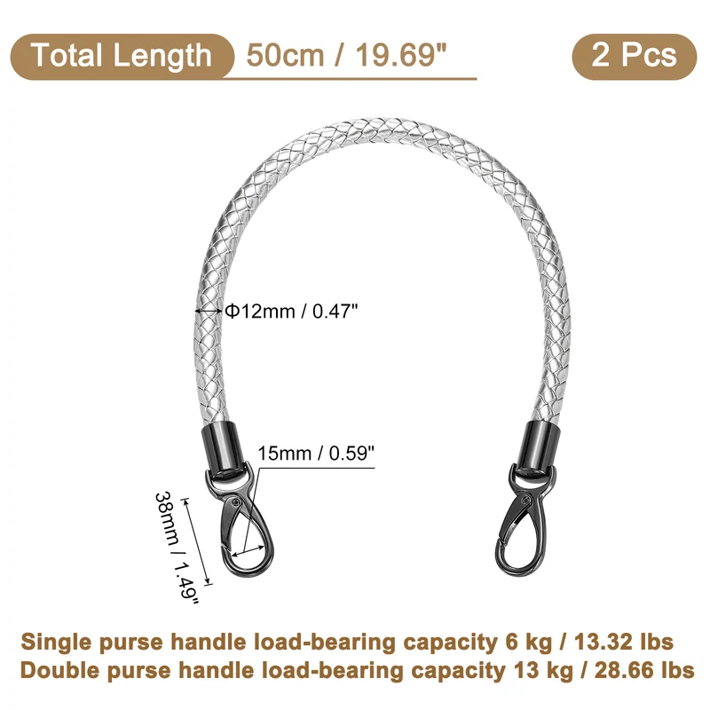 2Pcs 50cm Short Leather PU Braided Purse Replacement Handle - Silver, Black