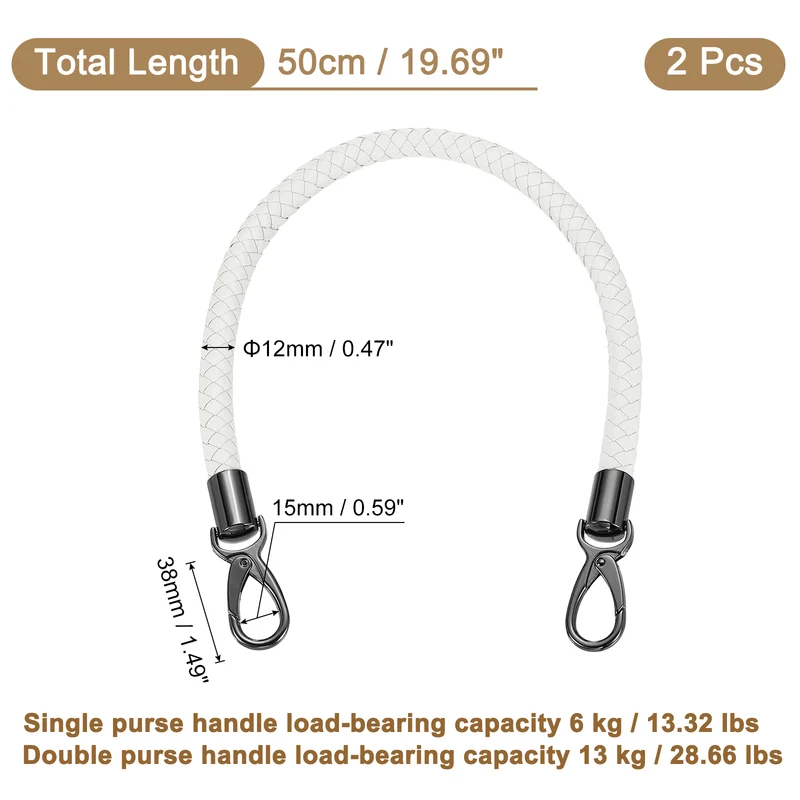 2Pcs 50cm Short Leather PU Braided Purse Replacement Handle - White, Black