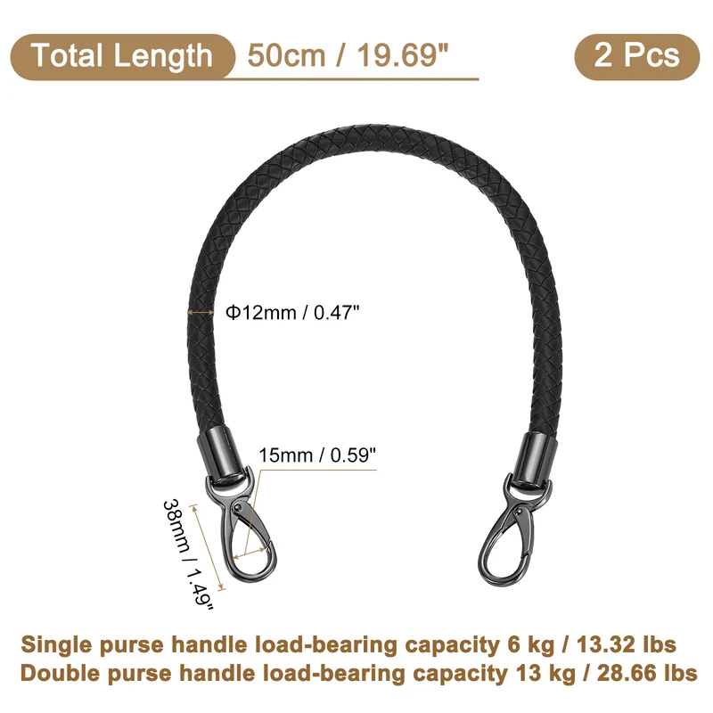 2Pcs 50cm Short Leather PU Braided Purse Replacement Handle - Black, Black