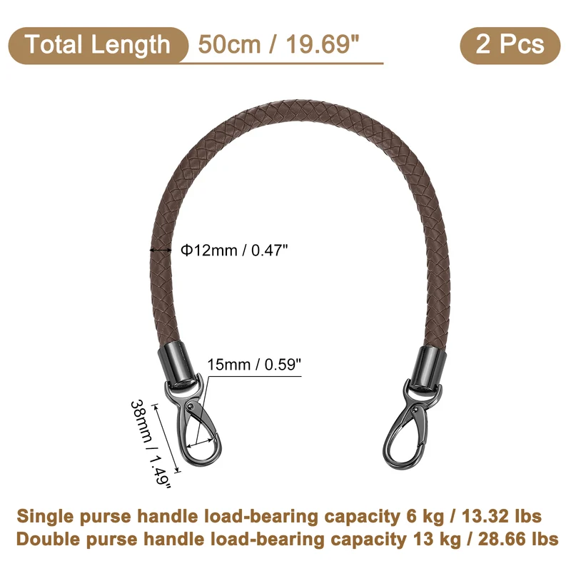 2Pcs 50cm Short Leather PU Braided Purse Replacement Handle - Dark Coffee, Black