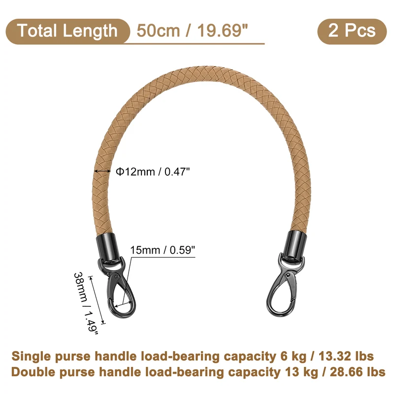2Pcs 50cm Short Leather PU Braided Purse Replacement Handle - Dark Khaki, Black